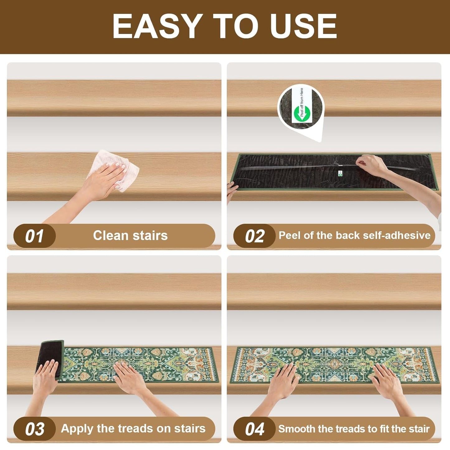 Non Slip Stair Treads for Wooden Steps Indoor, Dark Grey, 15pcs, 30"X8", Soft Carpet Mat, Machine Washable Boho Carpet Treads with Reusable Adhesive Backing, Safety Stair Tread for Dogs, Kids, Elders