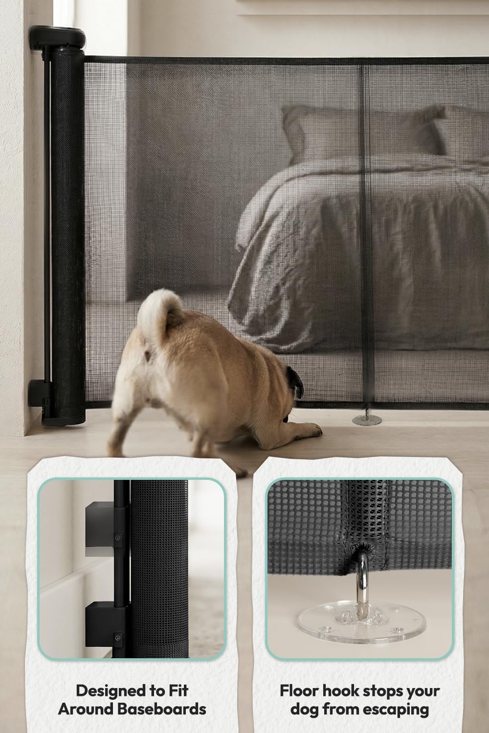 15.7" H Mesh Short Dog Gate, Extends Up to 59" W Retractable Pet Gate with Drill Installation, Small Dog Gate for Stairs, Easy Step Over Low Puppy Gate for Doorways Indoor Outdoor, Black