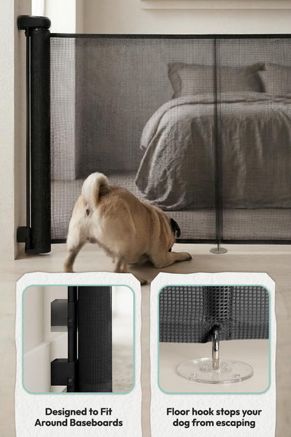 15.7" H Mesh Short Dog Gate, Extends Up to 59" W Retractable Pet Gate with Drill Installation, Small Dog Gate for Stairs, Easy Step Over Low Puppy Gate for Doorways Indoor Outdoor, Black