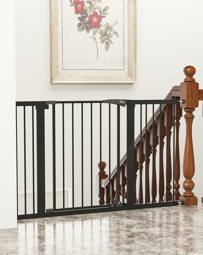 keny 29.7"-46" Baby Gate for Stairs, Auto Close Dog Gates for Doorways, Pressured Mounted No Drilling Pet Gate Extra Wide, One-Hand Opening Dual Lock Stair Gate, Indoor Kids Necessities, Black