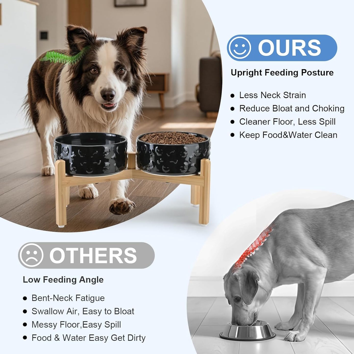 SPUNKYJUNKY Elevated Dog Bowls Ceramic, 6.1'' Dogs and Cat Food Water Bowls Raised with Non-Slip Bamboo Stand for Medium Sized Breed Microwave Dishwasher Safe - 28.7 OZ,Beige