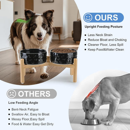 SPUNKYJUNKY Elevated Dog Bowls Ceramic, 6.1'' Dogs and Cat Food Water Bowls Raised with Non-Slip Bamboo Stand for Medium Sized Breed Microwave Dishwasher Safe - 28.7 OZ,Beige