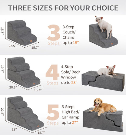Made4Pets Dog Stairs Ramp for Small Dogs 15.7" H, 3-Step Dog Steps for Bed Couch Sofa and Chair, 35D Foam Pet Steps for Small Dogs and Cats, Non-Slip Bottom Pet Stairs, Grey