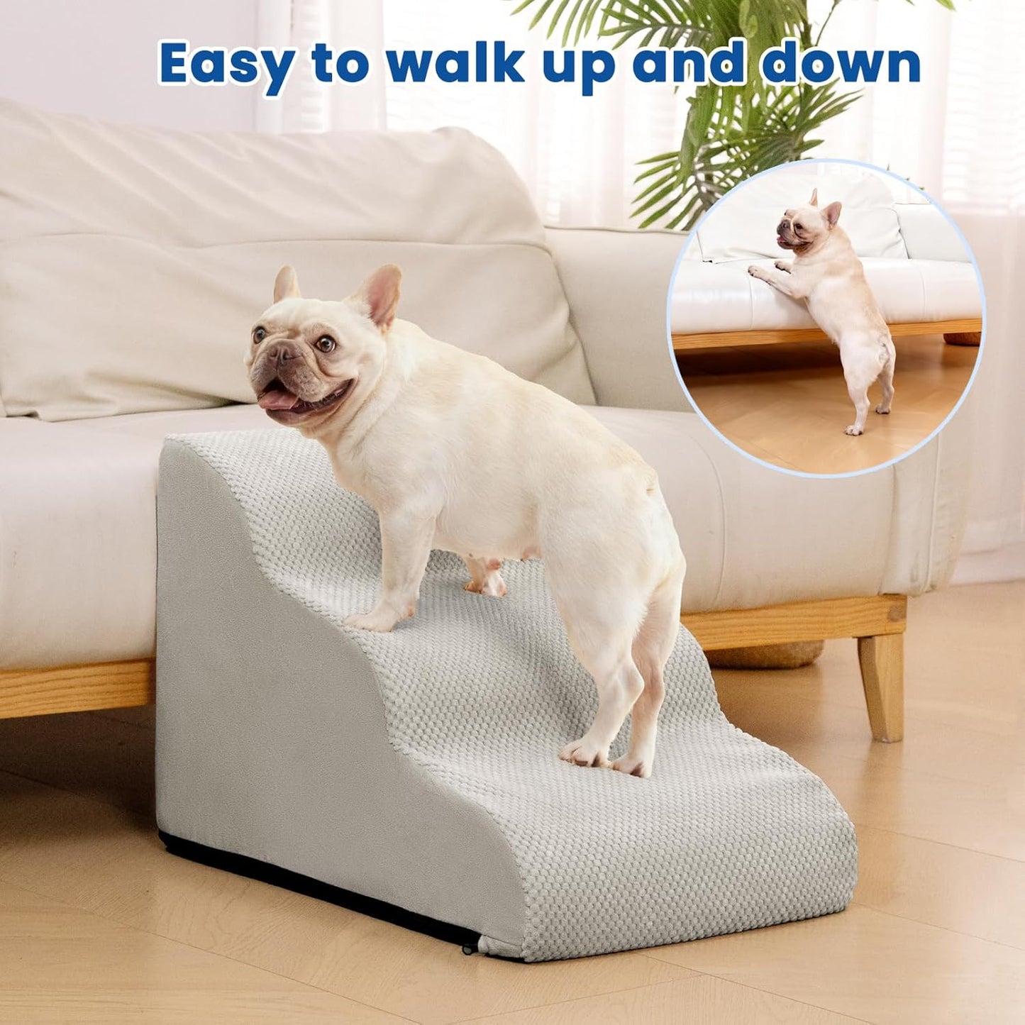 Airpanda Dog Stairs for Small Dogs and Cats – 3 Step Pet Ramp for Couch & Sofa, Non-Slip Dog Steps for Pets, Washable Cover, High-Density Support Foam for Easy Climbing,Beige