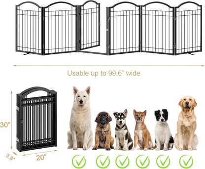 BHG Metal No-Assembly Freestanding Dog Gate with Door Walk Through, Extra Wide 144", Extra Tall 32" Pet Gate, Accordion Puppy Folding Playpen Dog Fence, with 2PCS Support (Black, 6 panesl)