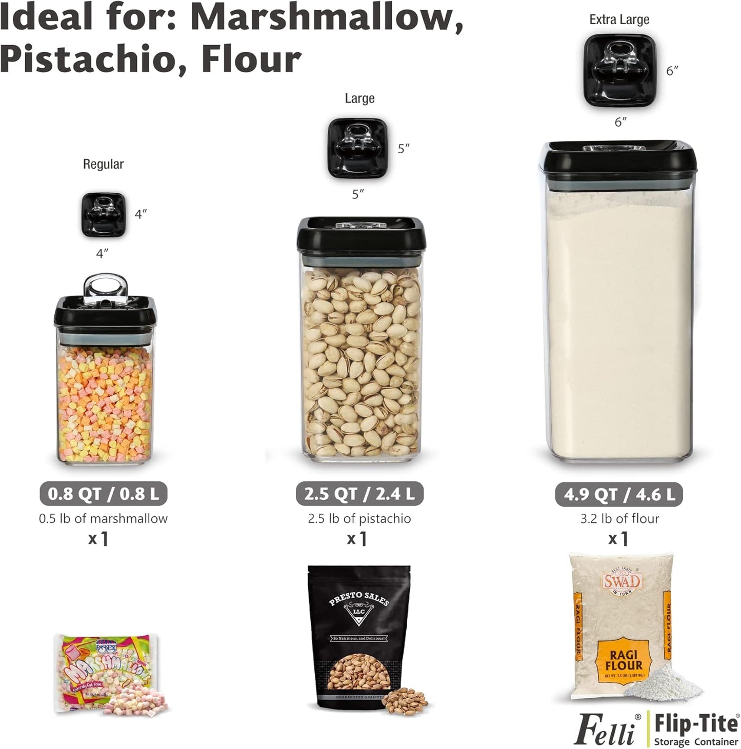 Felli Flip Tite Pet Food Container with Airtight Lids, BPA FREE Acrylic Canister with Paw Bone Fish Flip Top Handles for Cat Dog Kibble Treats Storage, Keep Fresh (Pet Collection Nest-L3pk)
