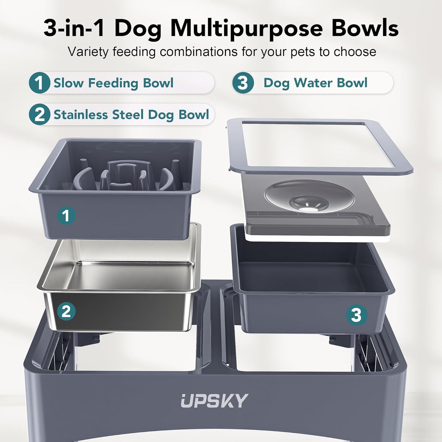 UPSKY 2-in-1 Elevated Dog Bowls Slow Feeder, 4 Height Adjustable Raised Bowl Stand, No Spill Dog Water Bowls, Anti-Slip Food and Water Bowls for Small Medium Dogs(Not Include Stainless Steel Bowl)
