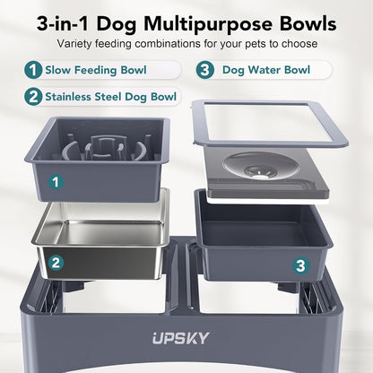 UPSKY 2-in-1 Elevated Dog Bowls Slow Feeder, 4 Height Adjustable Raised Bowl Stand, No Spill Dog Water Bowls, Anti-Slip Food and Water Bowls for Small Medium Dogs(Not Include Stainless Steel Bowl)