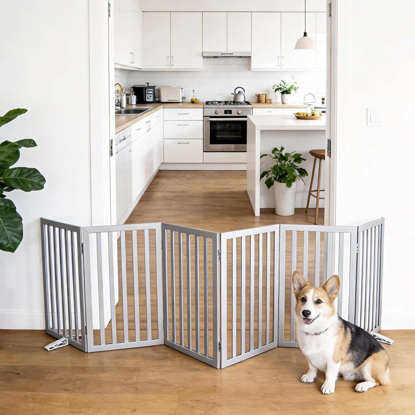 Dog Gate Indoor, Freestanding Dog Fence for The House, Doorways, Hallways,or Stairs,Pet Gate Foldable Wooden,Expandable 24" Height 3 Panels,White
