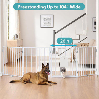 No Pawblems Dog Gate with Cat Door, Free Standing 30'' Tall Foldable Dog Fence for Indoor & Outdoor, Up to 156 Inch Extra Wide Puppy Gate for Stairs, Hallways, Doorways, Deck, Yard (Black, 6 Panels)