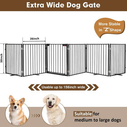 104" Extra Wide Dog Gate, Heavy Duty Metal Freestanding Dog Gate with Door for Indoor & Outdoor, Foldable Pet Fence for Doorways,House,Porch,Deck,Yard,Stairs, Auto Close(4 Panels,Black)