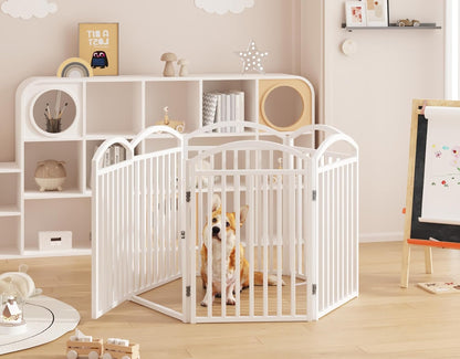 Folding No-Assembly Freestanding Dog Gate with Door,32" Heights Foldable Pet Fence,144" Extra Wide Accordion Puppy Folding Playpen for Doorways,House,Stairs (6 Panels,White)