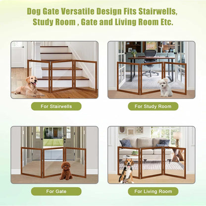 LZRS Clear Dog Gate for Indoor Use - Transparent Pet Fence with Solid Hardwood and Plastic Board, Stylish & Durable freestanding Pet Gate for Doorways, Stairs and Hallways-2 Panel Cherry
