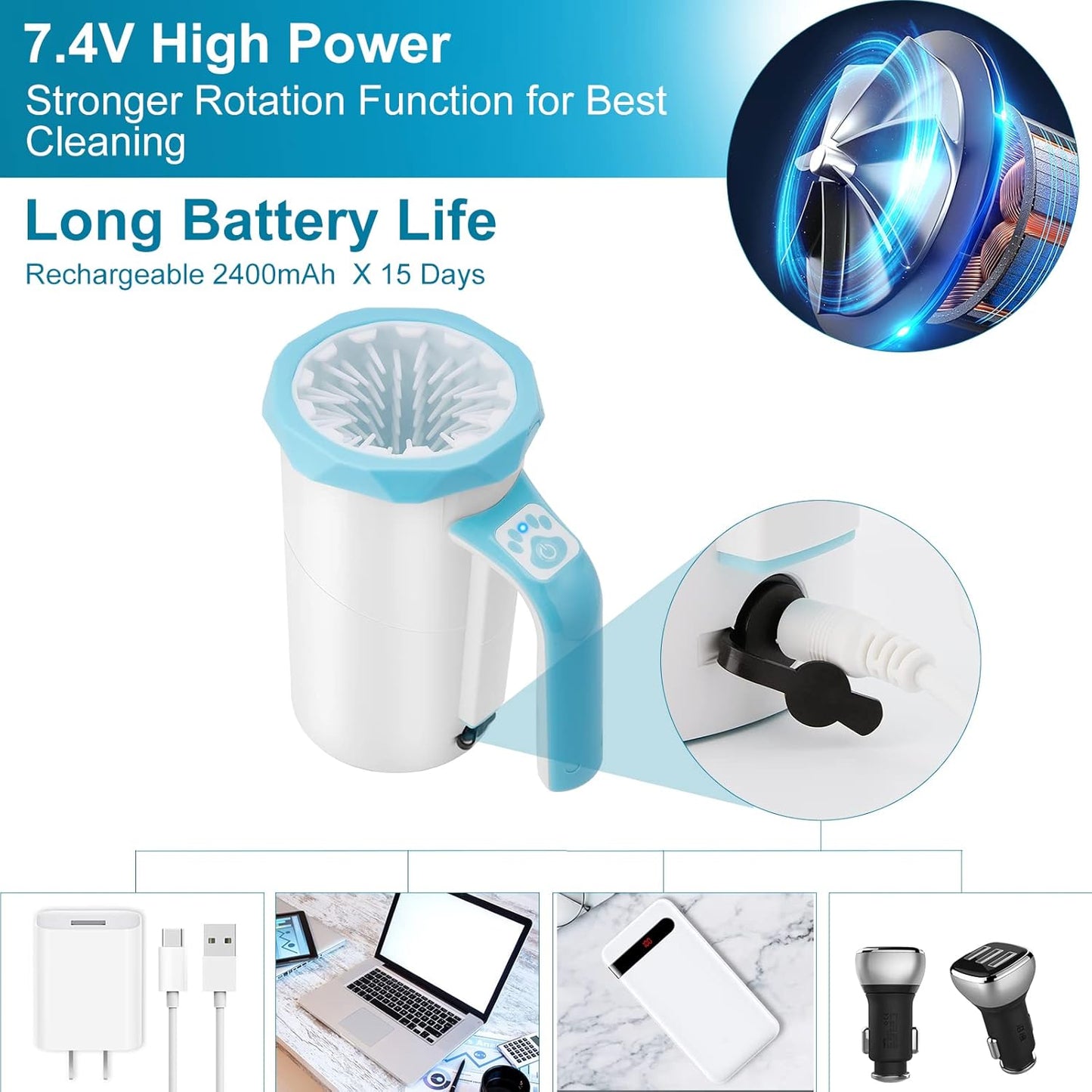 MYPIN Rechargeable Automatic Dog Paw Cleaner, Black - Portable Pet Paw Washer Cup with Soft Silicone Brush, 7.4V High Power, Suitable for Big Dog and Cat Grooming