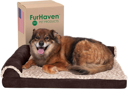 Furhaven Memory Foam Dog Bed for Large Dogs w/ Removable Bolsters & Washable Cover, For Dogs Up to 95 lbs - Two-Tone Plush Faux Fur & Suede L Shaped Chaise - Espresso, Jumbo/XL