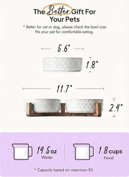 LE TAUCI Dog Bowl Set with Acacia Wood Stand - 1.5-Cup Ceramic Puppy Bowls for Small Dogs, Dual Food and Water Bowls with Weighted Non-Slip Base