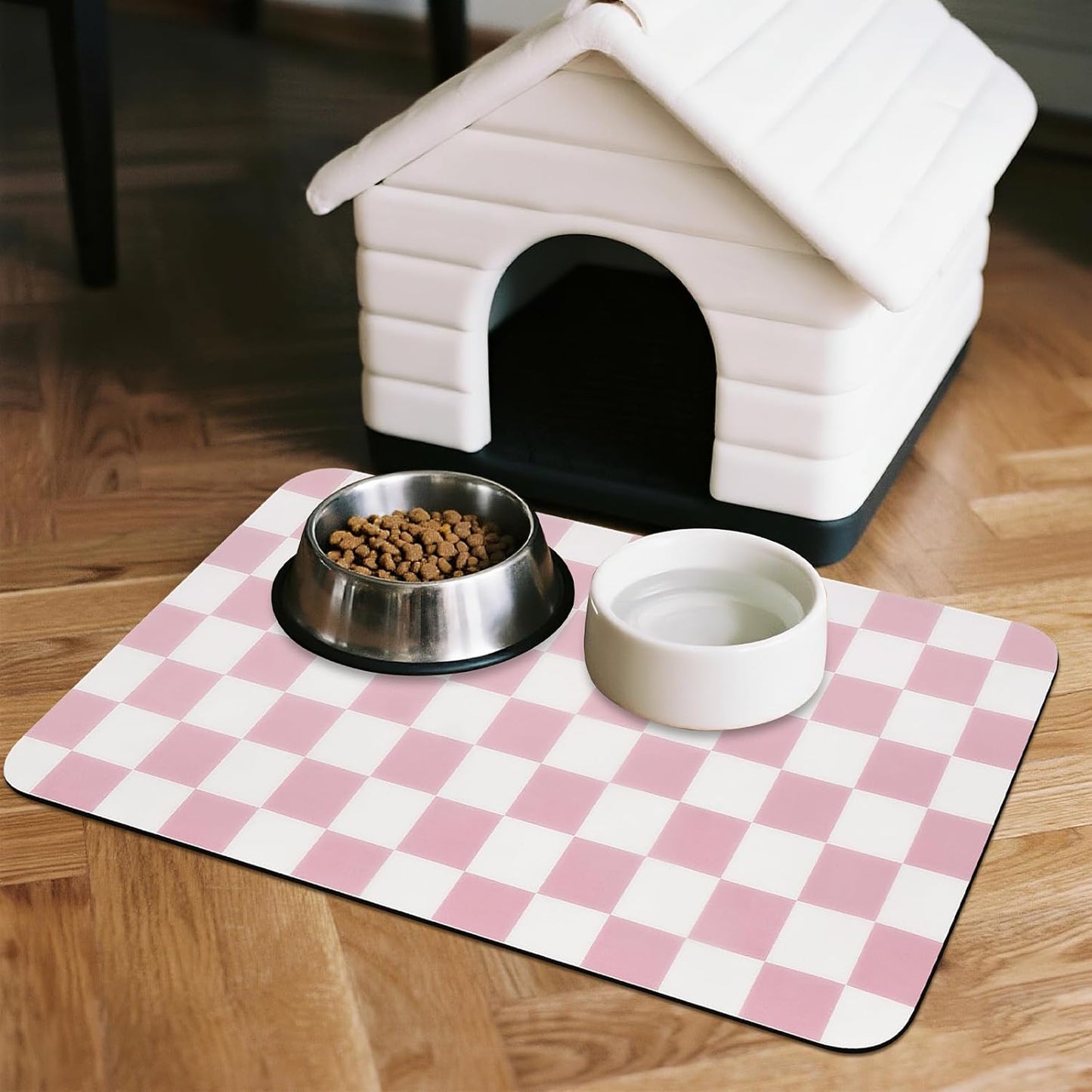 CooRug Checkered Dog Food Mat, Absorbent Leak-Proof Pet Feeding Mat, Quick Dry Cat Food Mat for Messy Drinkers 12" x 20" Khaki
