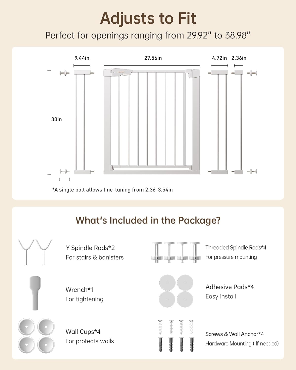 Baby Gate for Stairs, 29.92-48” Wide Pressure Mounted Baby Gate No Drill Needed, Auto Close Dog Gate for Doorways, Easy Walk Through Safety Child Gates for Toddler & Pet/Puppy, Indoor, White