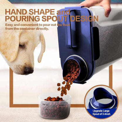 TIOVERY Dog Food Storage Container, 5-7 Lbs Airtight Pet Food Container, Cat Food Container Dispenser Plastic Bin with Pouring Spout, Portable Handle and a Collapsible bowl for Dogs Cats Grey/6Qt
