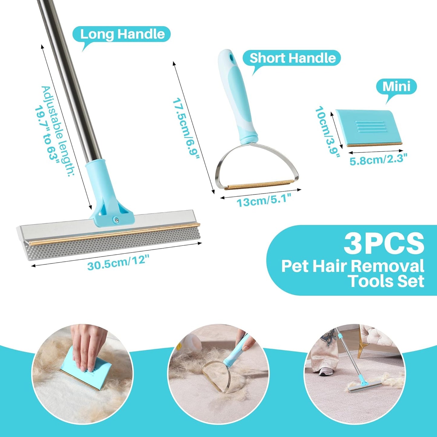 JOYMOOP Carpet Rake for Pet Hair Removal, 63" Adjustable Long Handle Pet Hair Removal Tool, Cat Dog Hair Carpet Rake with Metal and Silicone Scraper for Carpet, Sofa, Cloth