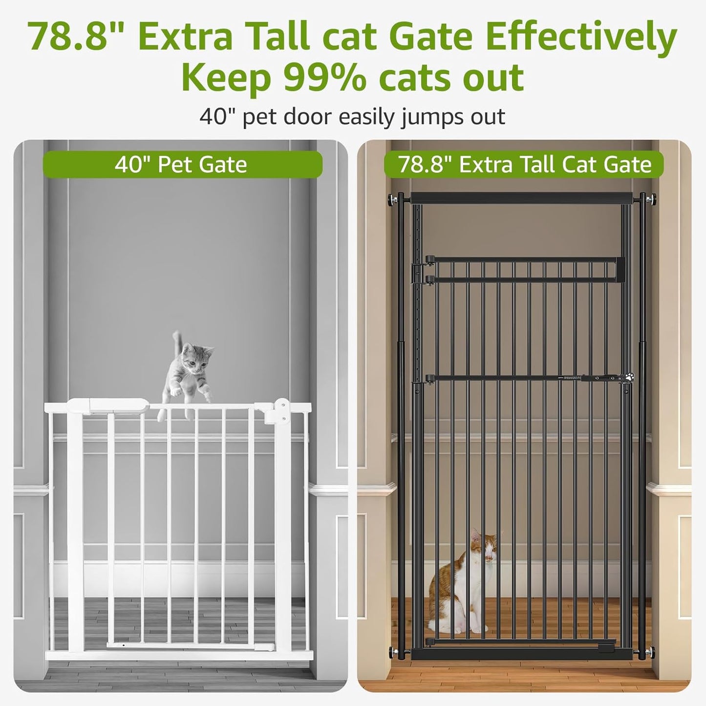 78.8" Extra Tall Pet Gate for Cat/Dog, 32.8-37.4" Wide Tall Cat Gate for Doorways/Hallways, NO Drilling Pressure Mounted Dog Gate for Stairs, Studio, Kitchen (Black)
