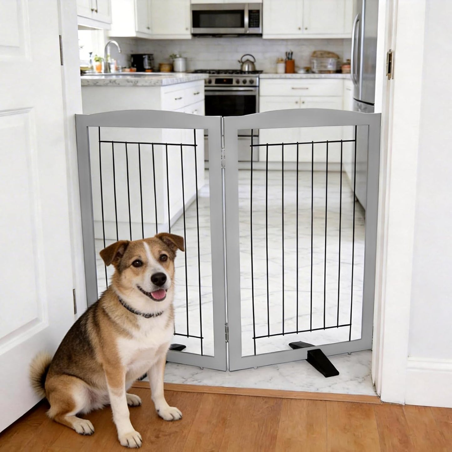 ZJSF Freestanding Dog Fence Indoor, Foldable Dog Gate for Doorways, Stairs or Hallways, Sturdy Wood Extra Wide Pet Gate with Support Feet for The House, White, 24 "Height-3 Panels