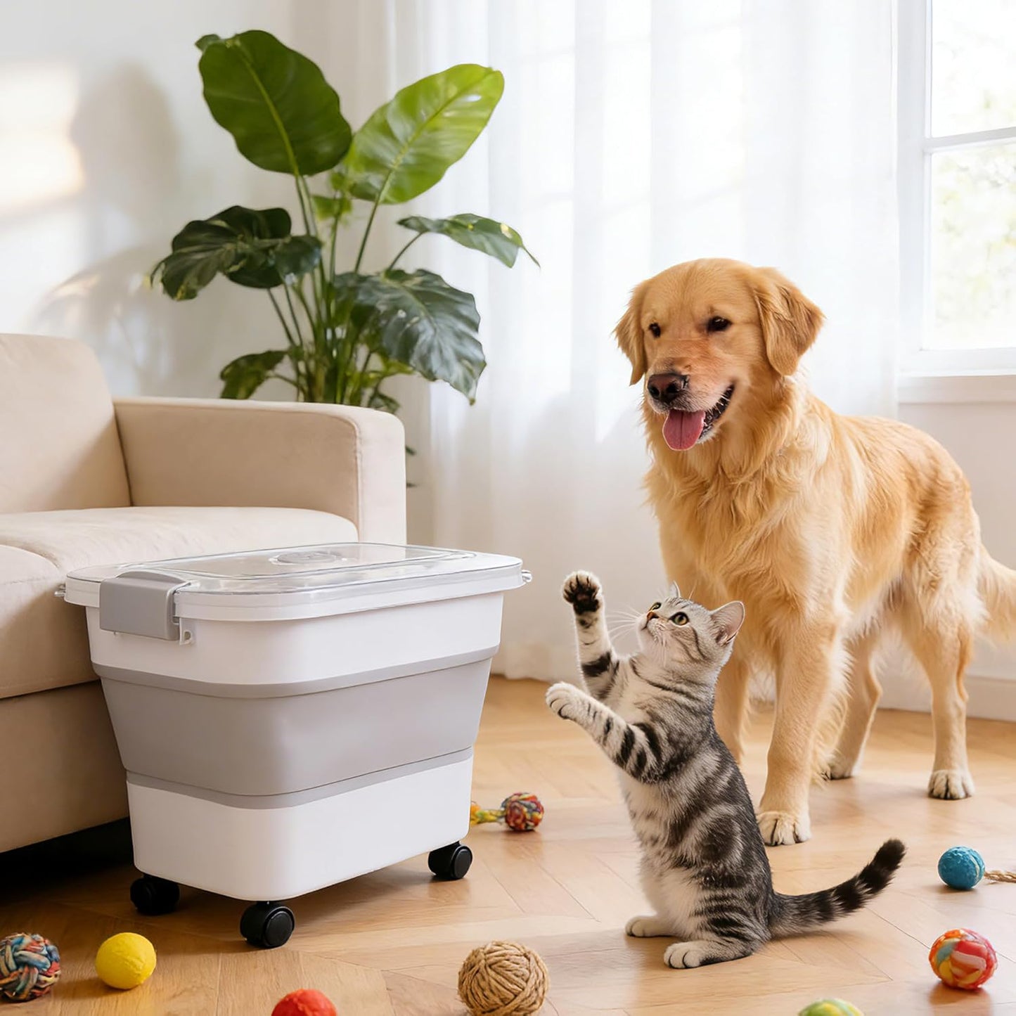 Dog Food Storage Container 30-40lbs, Airtight Pet Food Bin with Locking Lid & Clear Window, Collapsible Rolling Storage Container with Wheels & Scoop, Gray