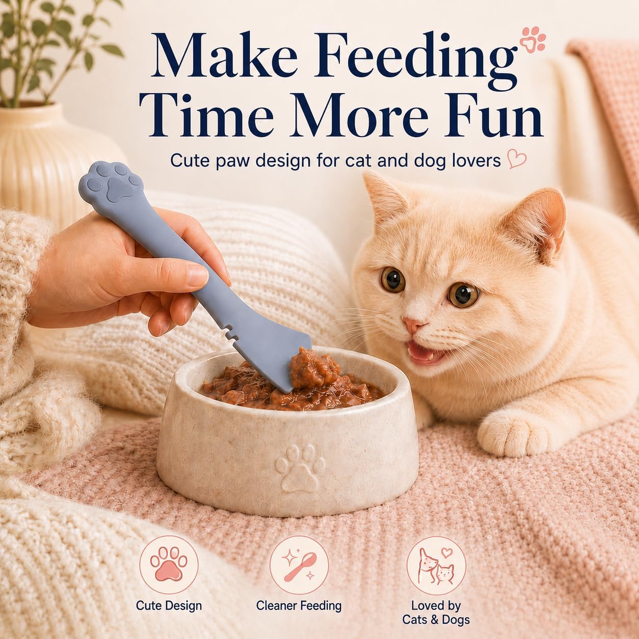 Meow&Woof Cover for Pet Can Food/Cat Wet Food Spoon/Lid for Dog Cans/Cute Paw Shape One Lid One Spoon Pack (Gray)
