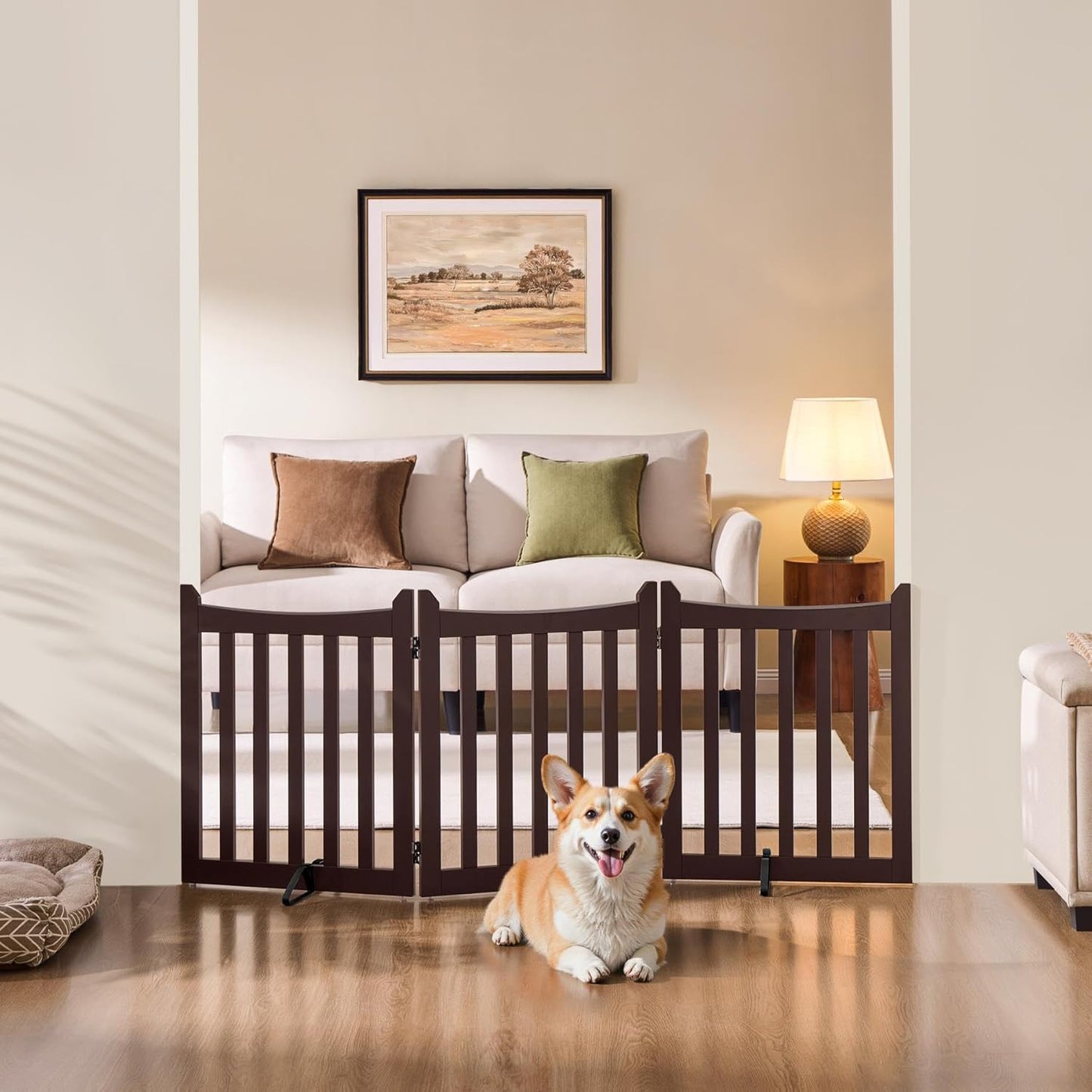 Yaheetech Freestanding Pet Gate 3-Panel Wooden Dog Fence with 2 Support Feet Folding Dog Gate for Indoor, Stairs, Doorways, Halls, Kitchen Wooden Pet Barrier White 36" H