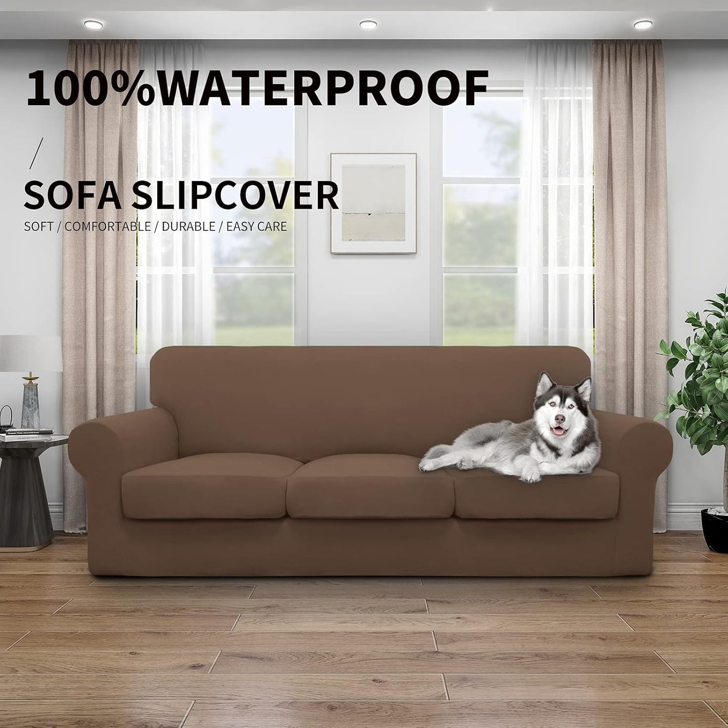 Easy-Going 100% Dual Waterproof 4 Pieces Stretch Soft Couch Cover for Dogs, Sofa Slipcover for 3 Separate Cushion Couch Leakproof Furniture Protector for Kids, Pets Dark Gray