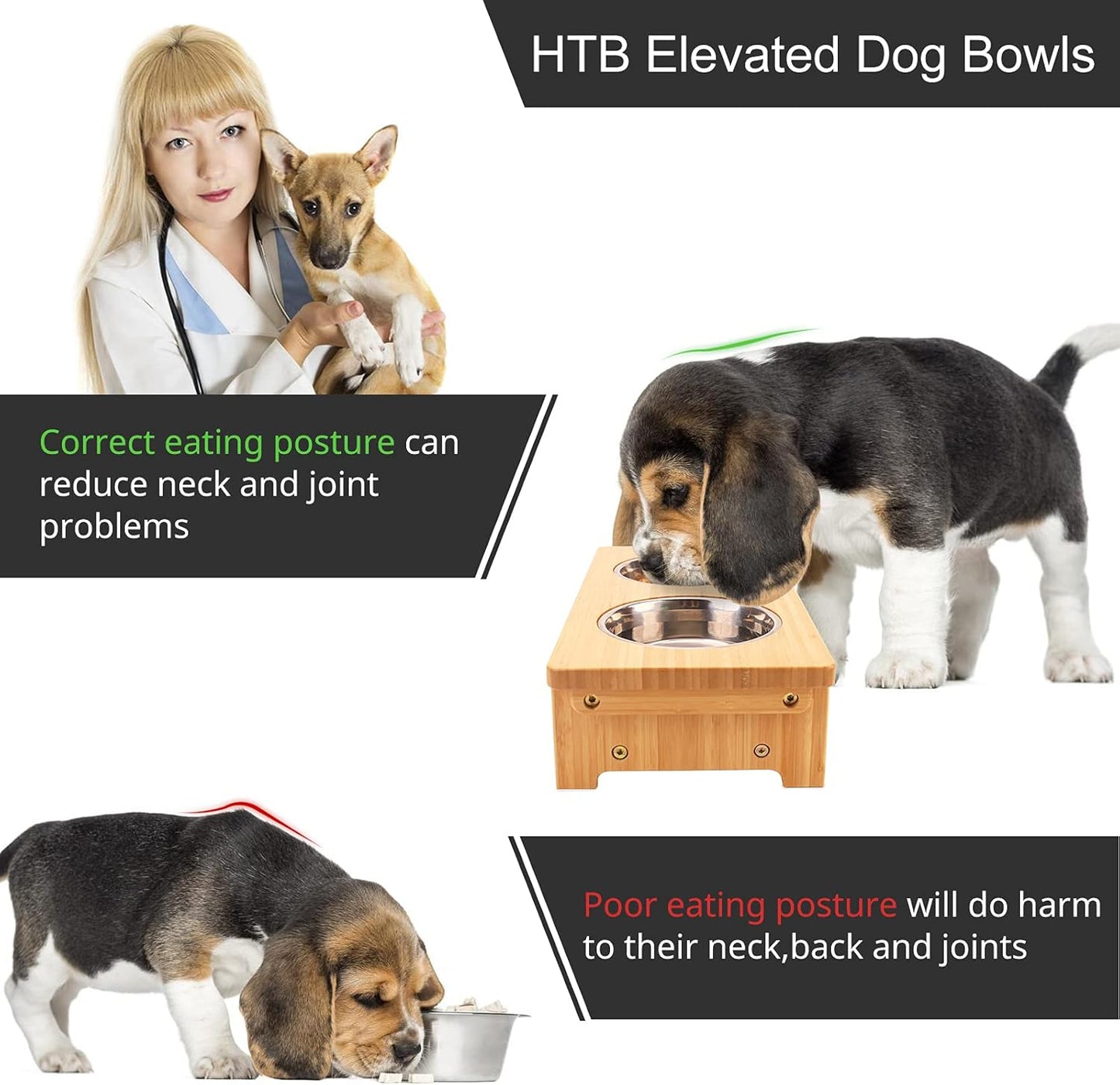HTB Elevated Dog Bowls,Raised Dog Bowl Stand with 2 Stainless Steel Bowls,Elevated Raised Dog Bowls for Large Medium Small Sized Dogs