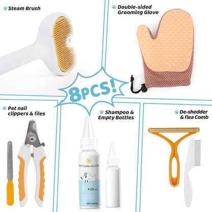 Pet Steam Brush Dog Cat 2026 New Grooming Comb for Shedding, Floating Hair, Smooth & Detangling, Gentle Cool Mist Softens Hair Reduces Static Helps Pets Who Dislike Bathing,Includes Waterless Shampoo