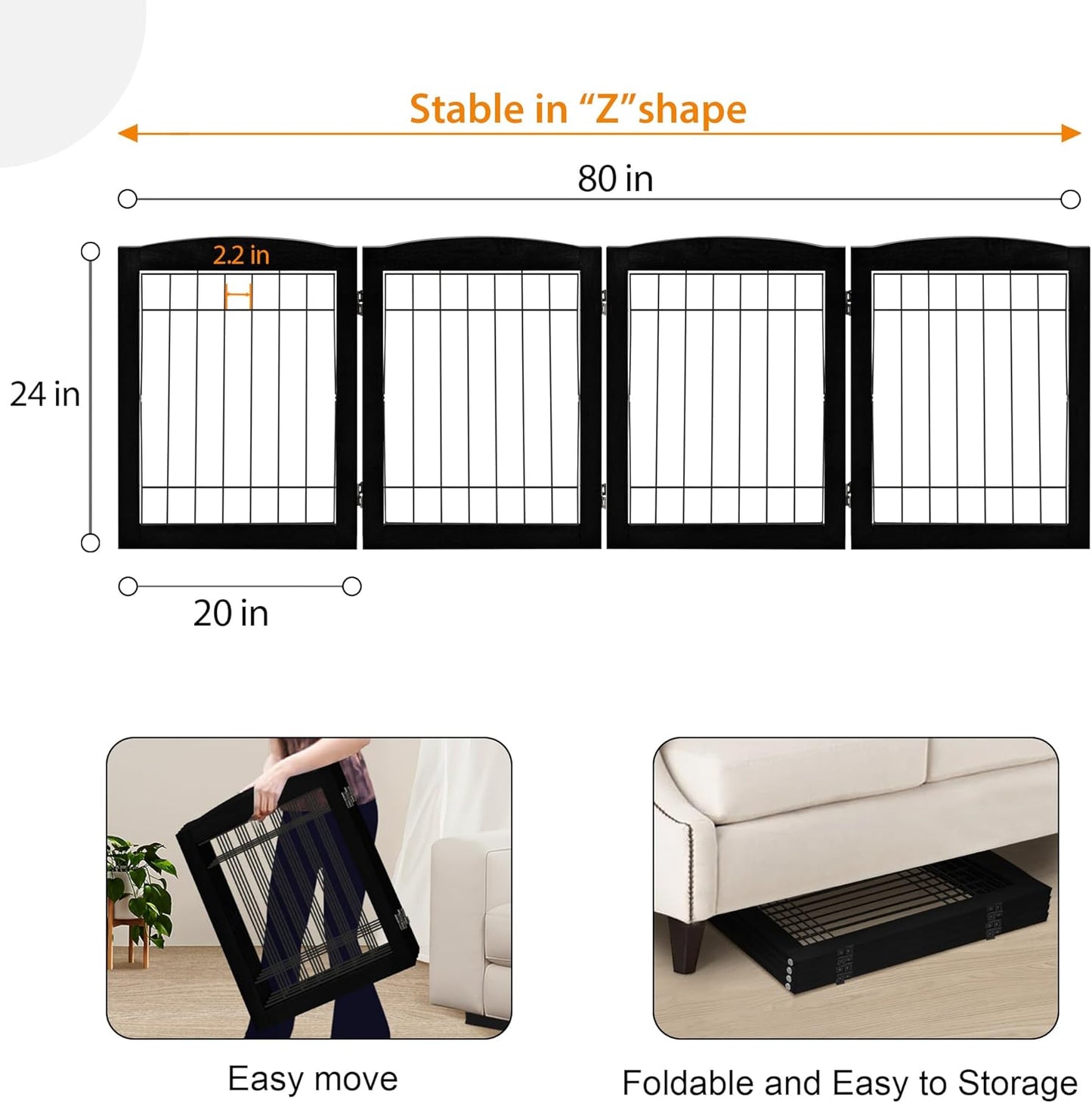 LZRS 2-Panel Freestanding Foldable Wood Dog Gate – Solid Wood & Steel Wire, Chew-Resistant Pet Barrier for Indoor Use, Ideal for Small to Medium Dogs, White