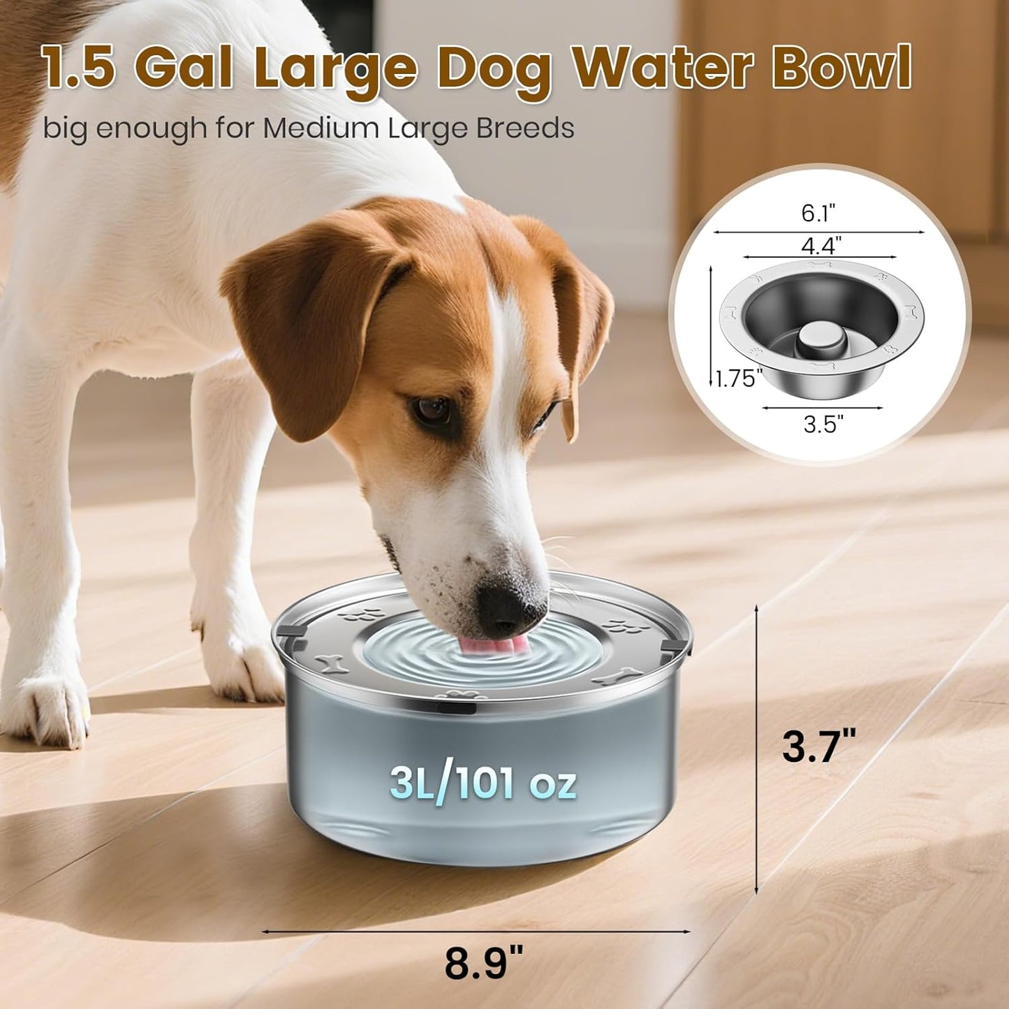 Dog Water Bowl No Spill,3L/101oz Stainless Steel Water Bowl for Dogs, Spill Proof Slow Drinking Dog Water Feeder with Anti-Slip for Medium to Large Messy Drinkers