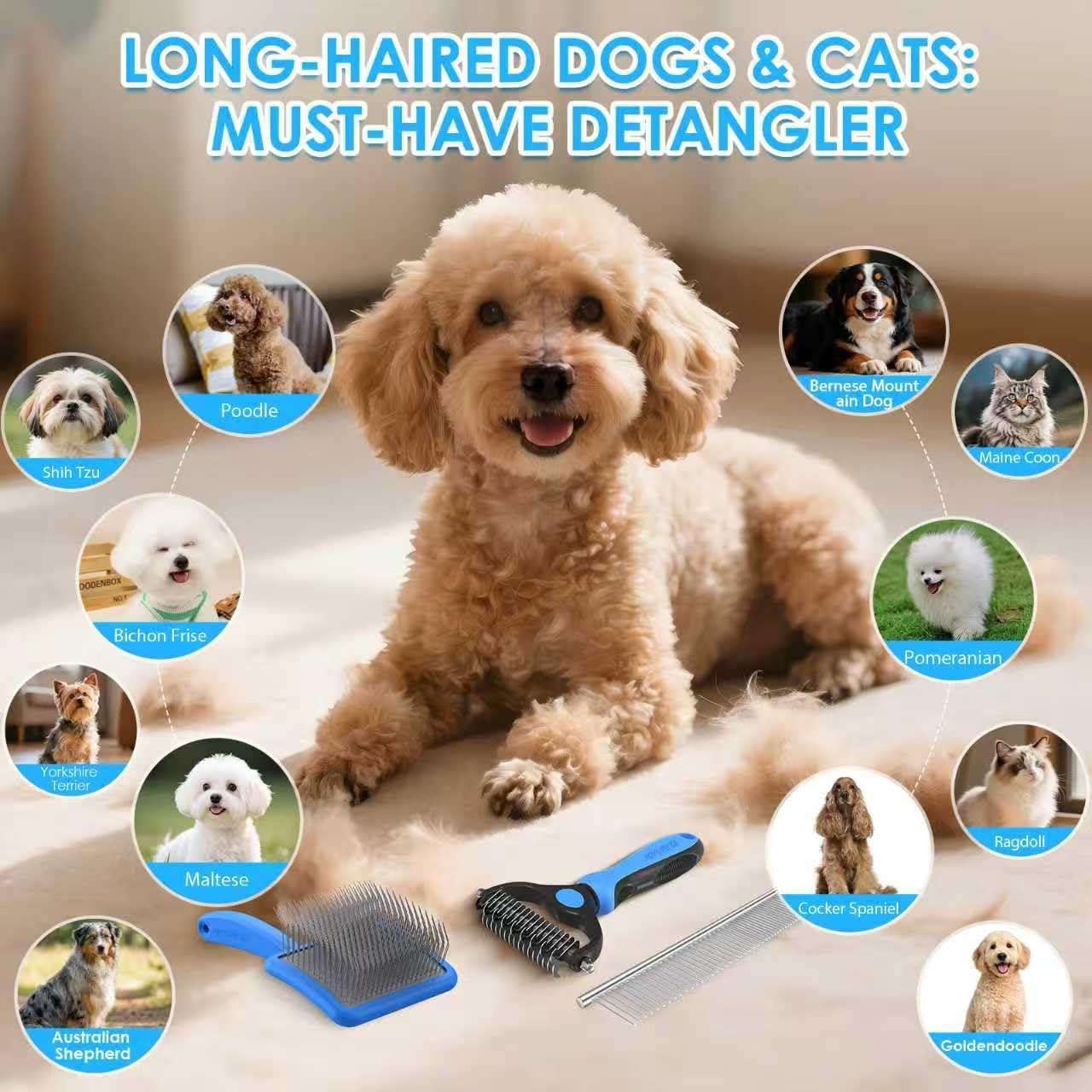 Large Dog Slicker Brush for Goldendoodles, Poodles - 3 in 1 Grooming Kit with Undercoat Rake, Comb - Extra Long Pins for Dematting Great Pyrenees, Thick Coats, Shedding, Detangling, Natural