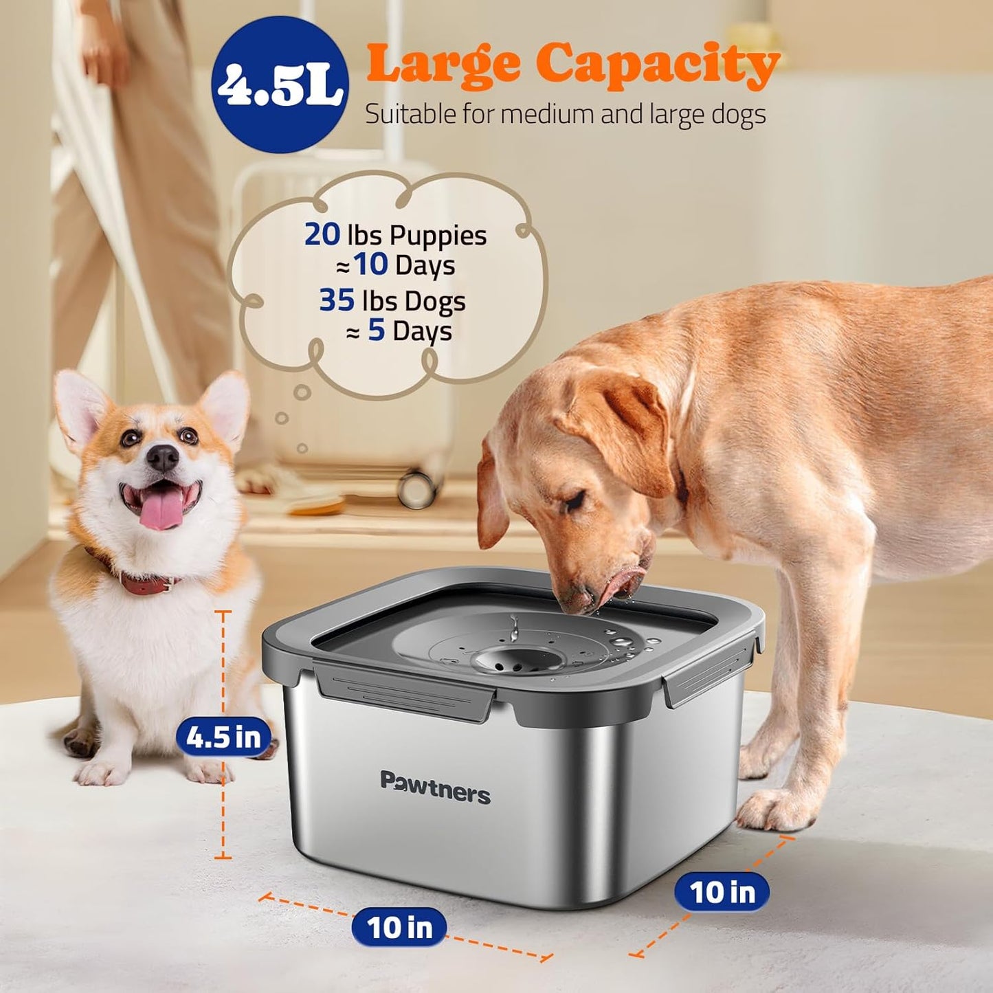 Pawtners All Stainless Steel Dog Water Bowl No Spill,135oz Anti-Splash Dog Bowl with Non-Slip Base, Spill Proof for Medium Large Messy Drinkers, Slow Drinking, Slobber Stopper,Easy to Clean
