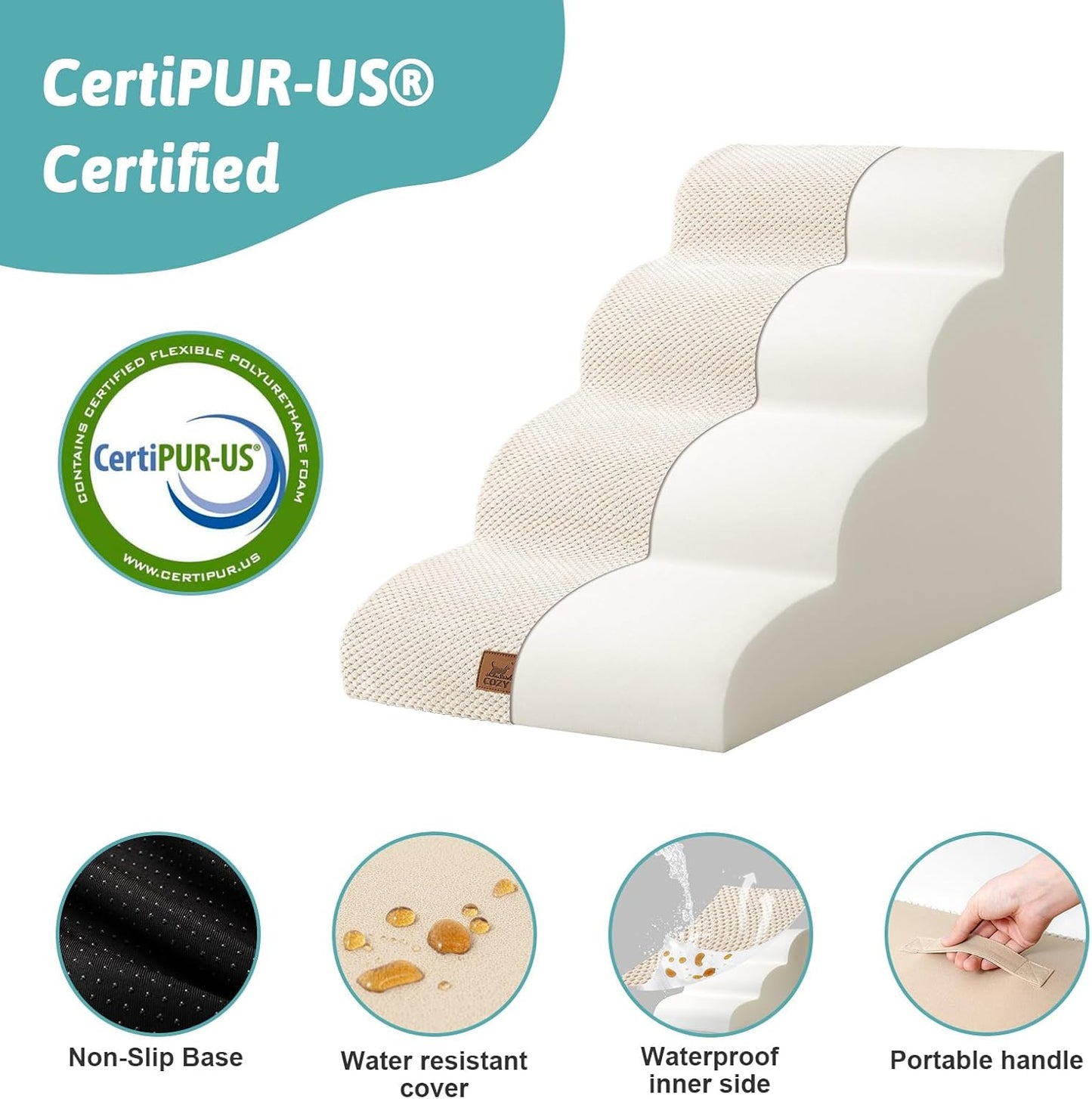 COZY KISS Dog Stairs for Small Dogs 15.7" H, Curved Dog Step for Puppy, Older Cat, Medium Pet Ramp for Sofa, Couch or Chair, Ladder with High Density Foam, 3 Step, 15.7x22.4x15.7 inch, Beige