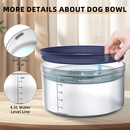 Decflow 1.2Gallon Dog Water Bowl No Spill, 4.5L Large Capacity Spill Proof Dog Bowls with Transparent Floating Disk, No Splash Slow Drinking Dog Bowl for Sloppy Messy Drinkers (Clear)