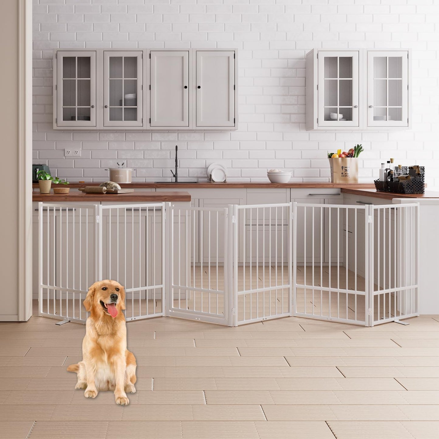 4 Panels Full Metal Freestanding Dog Gates with Door, 80” W x 32” H Folding Pet Gate Fence with Support Feet for Indoor,Stairs, Hallways and Doorways(Black)