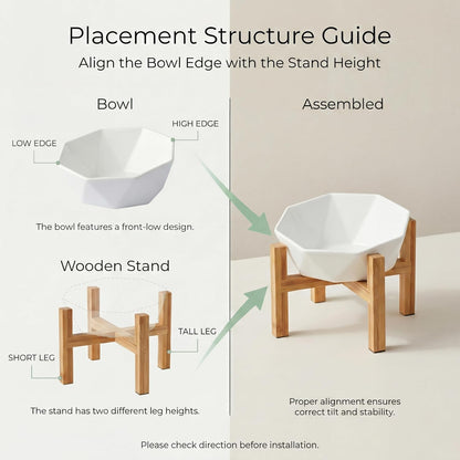 Ceramic Tilted Raised Cat Bowl - Elevated Food Bowl for Indoor Cats & Small Dogs - Shallow Wide Whisker-Friendly Design - Pet Dish Suitable for Feeding Dry, Wet, Treats & Canned Food - White