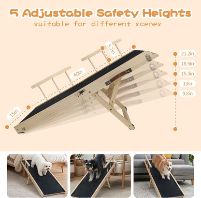 Rubber-Mat Dog Ramp with Rails for Couch, Bed or Car - 40" Long Foldable Wood Pet Ramp Adjustable Height from 10" to 21", with High Traction Mat for Small Medium Older Dogs, Up to 180 Lbs