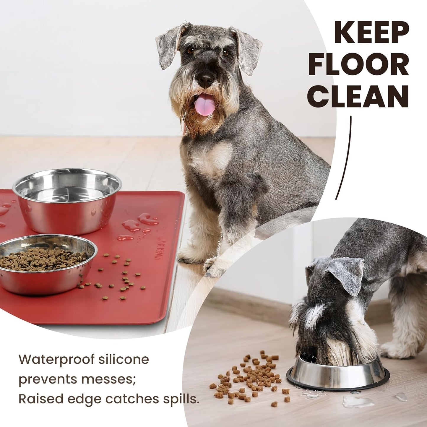 VIVAGLORY Dog Food Mat Flexmat Dog Bowl Mat, Placemat Food Tray with Raised Edges & Lip for Indoor Floor, Non Slip Waterproof Silicone Dish Placemat for Cat & Pet, S, Grey