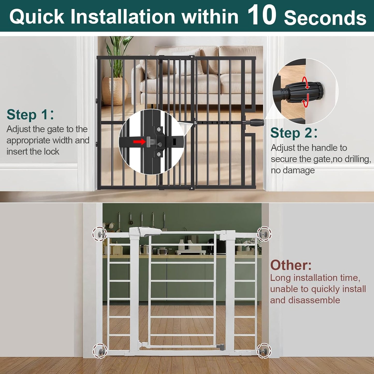 10-Second Quick Install Pressure Mounted Dog Gate for Pets and Kids,Adjustable 29'' to 43'' Wide Metal Pet Gate for Doorways Stairs,No Drilling,Expandable,30'' Tall Indoor Portable Safety Baby Gate