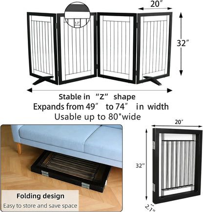 ZJSF Freestanding Dog Gate Indoor, Foldable Dog Fence for Doorways,Hallways or Stairs, Sturdy Wood Extra Wide Pet Gate with Support Feet,Black,24 "Height-3 Panels