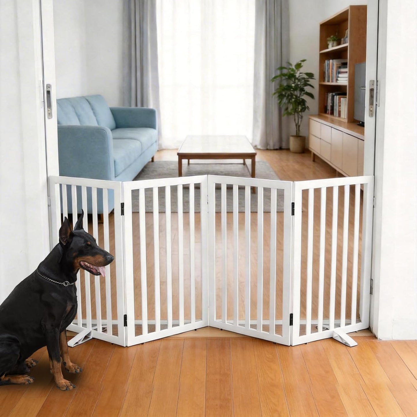 ZJSF Freestanding Indoor Dog Gate for House Foldable Wood Puppy Gate for Doorways Pet Gate for Stairs Extra Wide Pet Fence, Brown, 24" Height 3 Panels