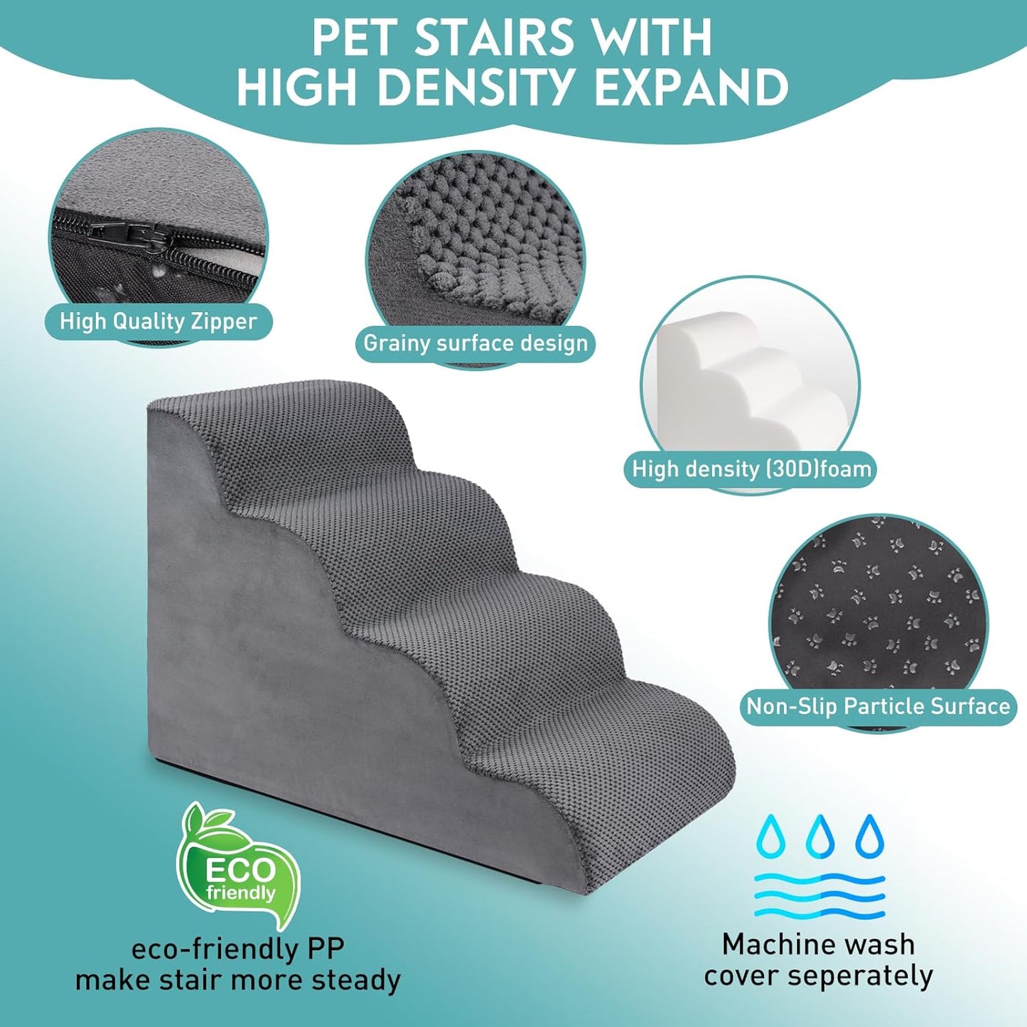 Dog Stairs for Small Dogs,15.7" H Pet Stairs 3-Steps Ramp for Puppy, Older Cat, Stairs with Whole 30D High Density Foam, Corduroy Fabric, Non-Slip Bottom Dog Steps for Bed and Couch (Grey, 3-Step)