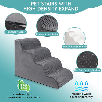 Dog Stairs for Small Dogs,15.7" H Pet Stairs 3-Steps Ramp for Puppy, Older Cat, Stairs with Whole 30D High Density Foam, Corduroy Fabric, Non-Slip Bottom Dog Steps for Bed and Couch (Grey, 3-Step)