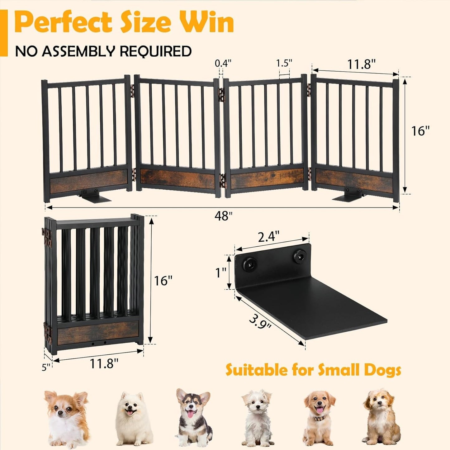 Freestanding Short Dog Gate, 16" Tall Pet Gate Indoor with Support Feet Easily Step Over, 4 Panel Metal Wood Foldable Pet Dog Gate, Up to 48" Wide Puppy Fence, Puppy Gate for for Doorway&Hallway Black