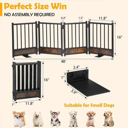 Freestanding Short Dog Gate, 16" Tall Pet Gate Indoor with Support Feet Easily Step Over, 4 Panel Metal Wood Foldable Pet Dog Gate, Up to 48" Wide Puppy Fence, Puppy Gate for for Doorway&Hallway Black