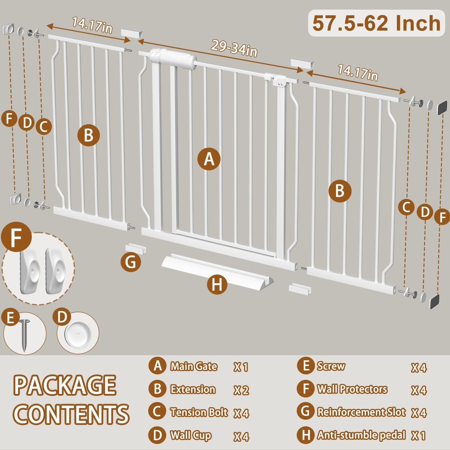 Fairy Baby Extra Wide Baby Gate for Dogs Pressure Monuted Safety Gate for Living Room, Fits 62 Inch to 67 Inch with No Drill Auto Close Dog Gate for Doorways, White